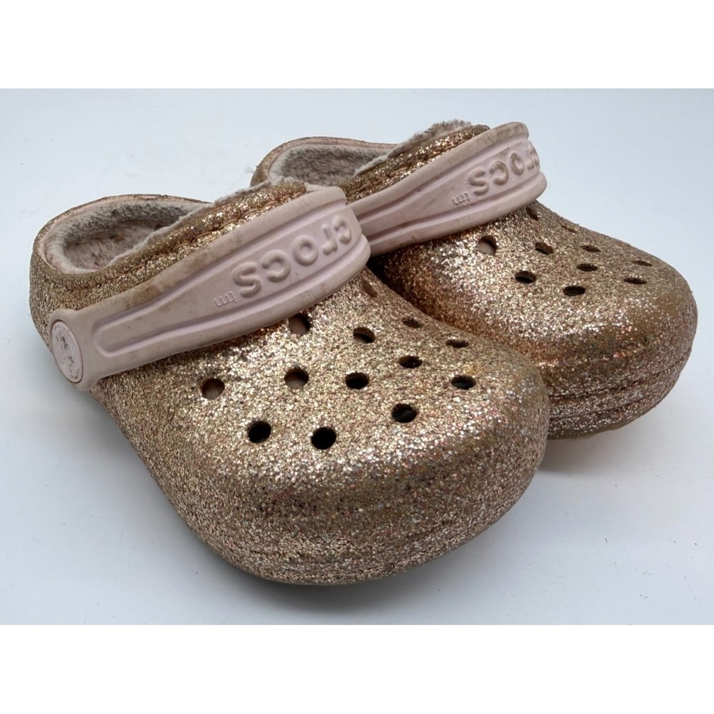 Crocs Classic Lined Clogs Gold Glitter Pink Cozy Fuzzy Toddler | Girl's Size 6 - Picture 3 of 12